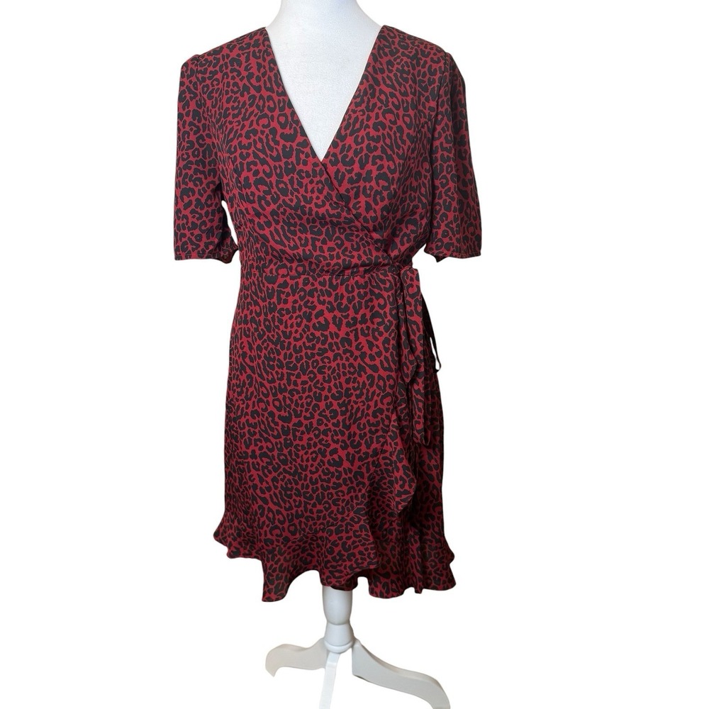 Francesca's Blue Rain Red Black Animal Print Ruffle True Wrap Dress Size Large